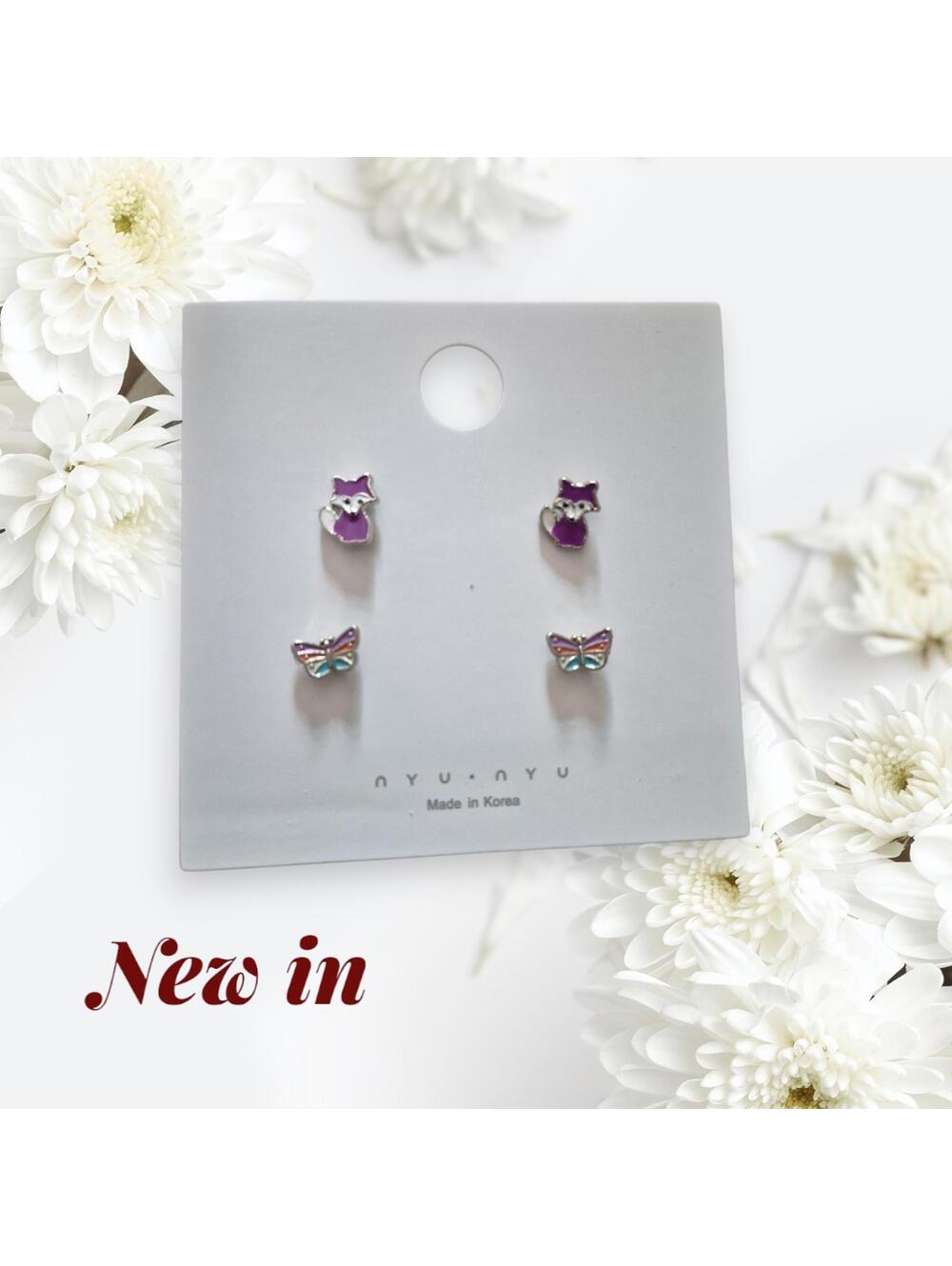 Purple fox and butterfly stud earrings